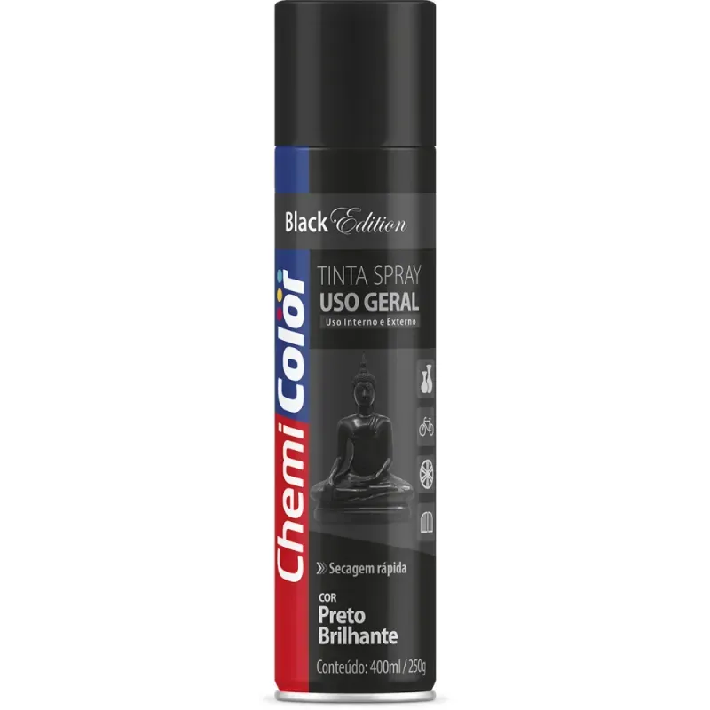 Tinta Spray Uso Geral 400ml/250g Preto Brilho Chemicolor